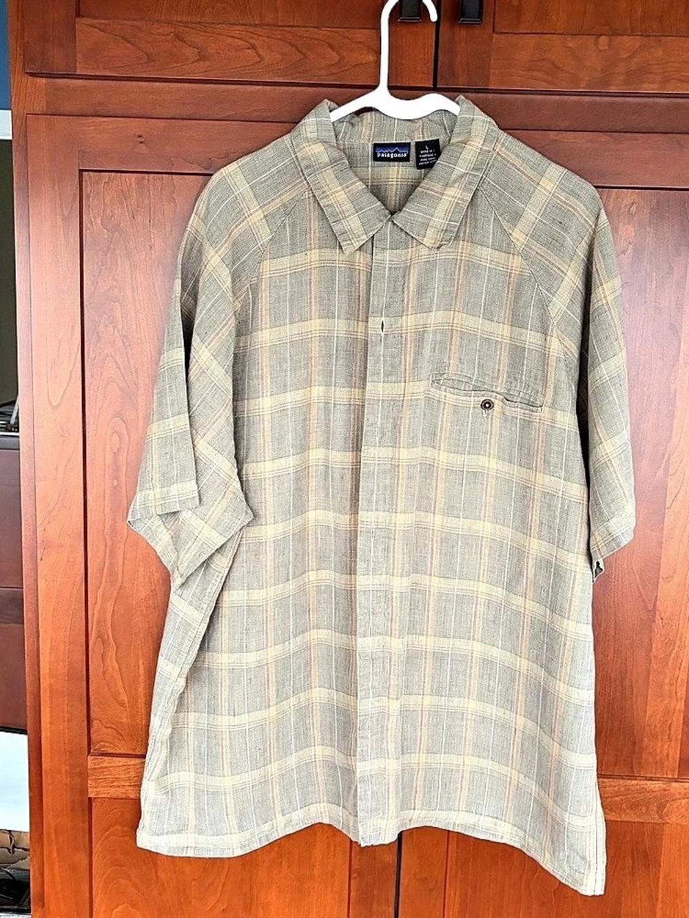 Patagonia hemp plaid shirt, size L, in muted gray, tan, cream and warm red tones